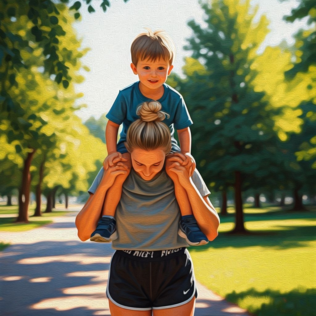Joyful Park Scene: Boy Rides Woman's Shoulders in Golden Hou...