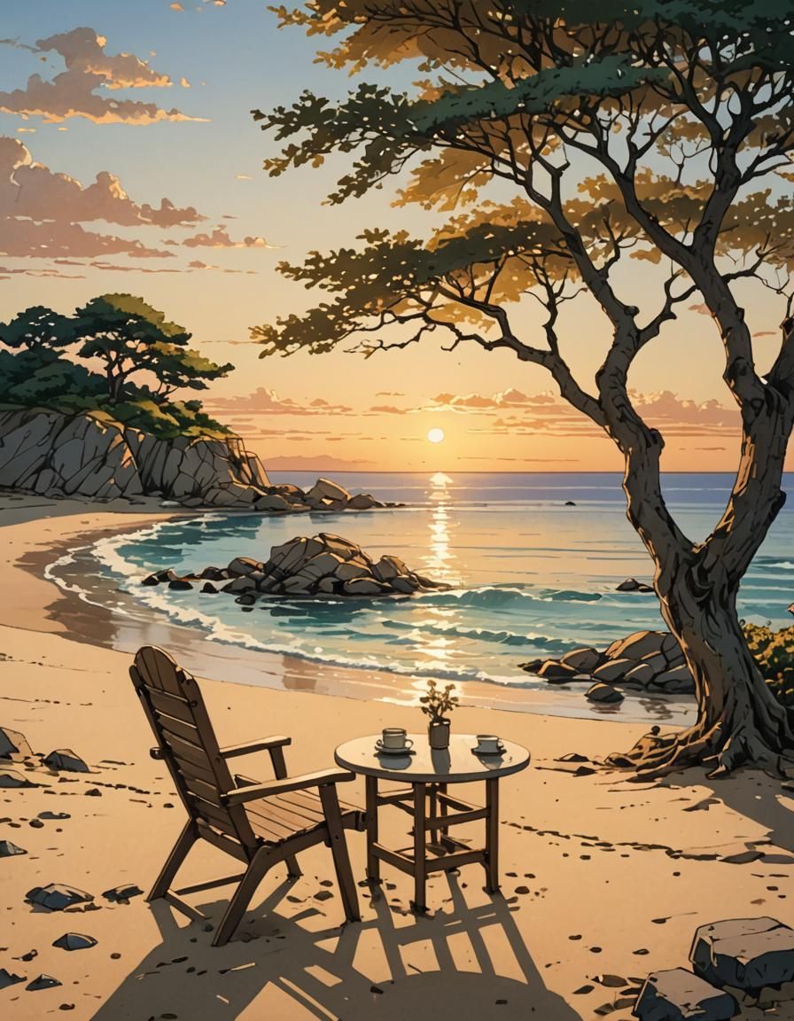 Tranquil Sunset Beach Scene in Anime Style