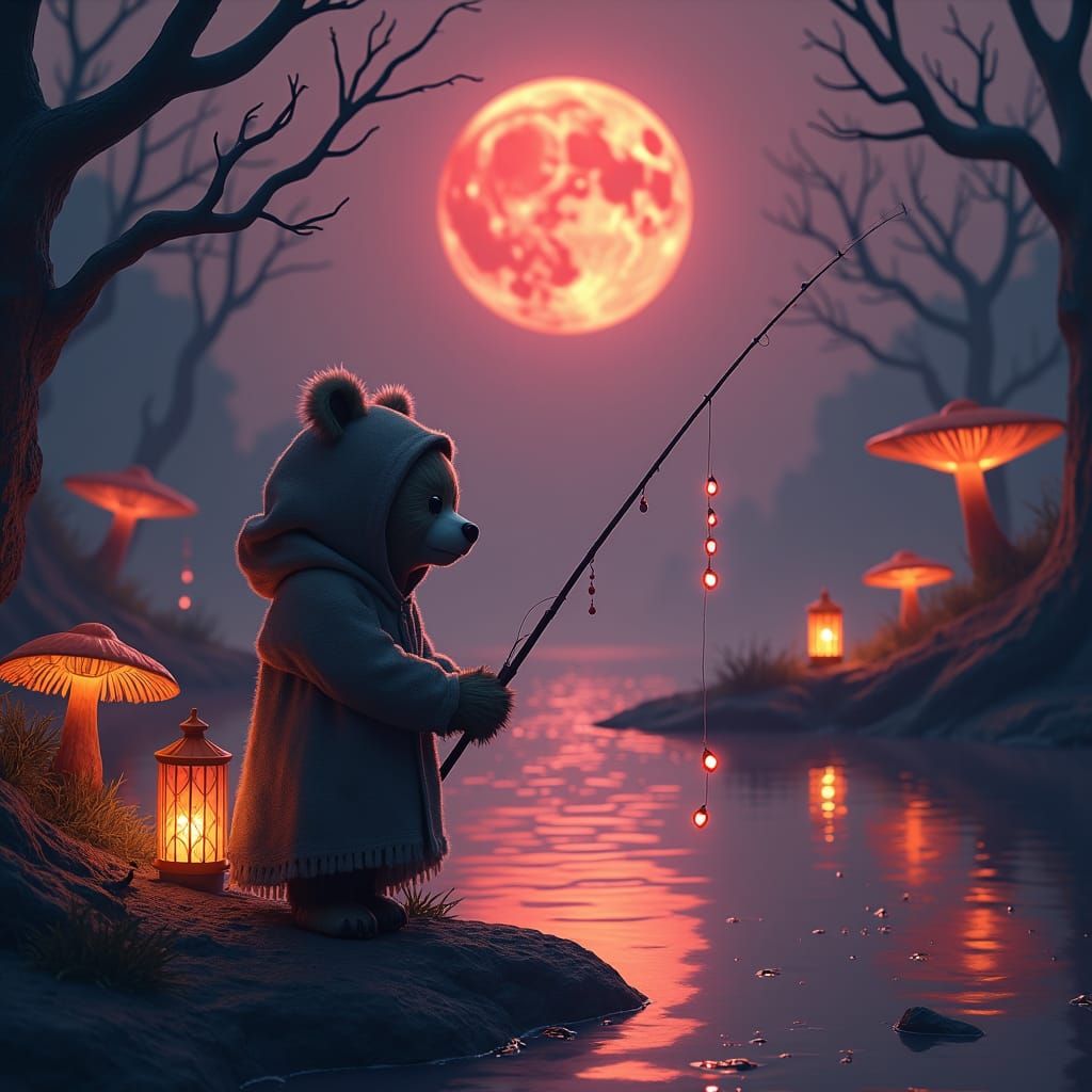 Mystical Baby Bear Fishing in Dark Fantasy Style