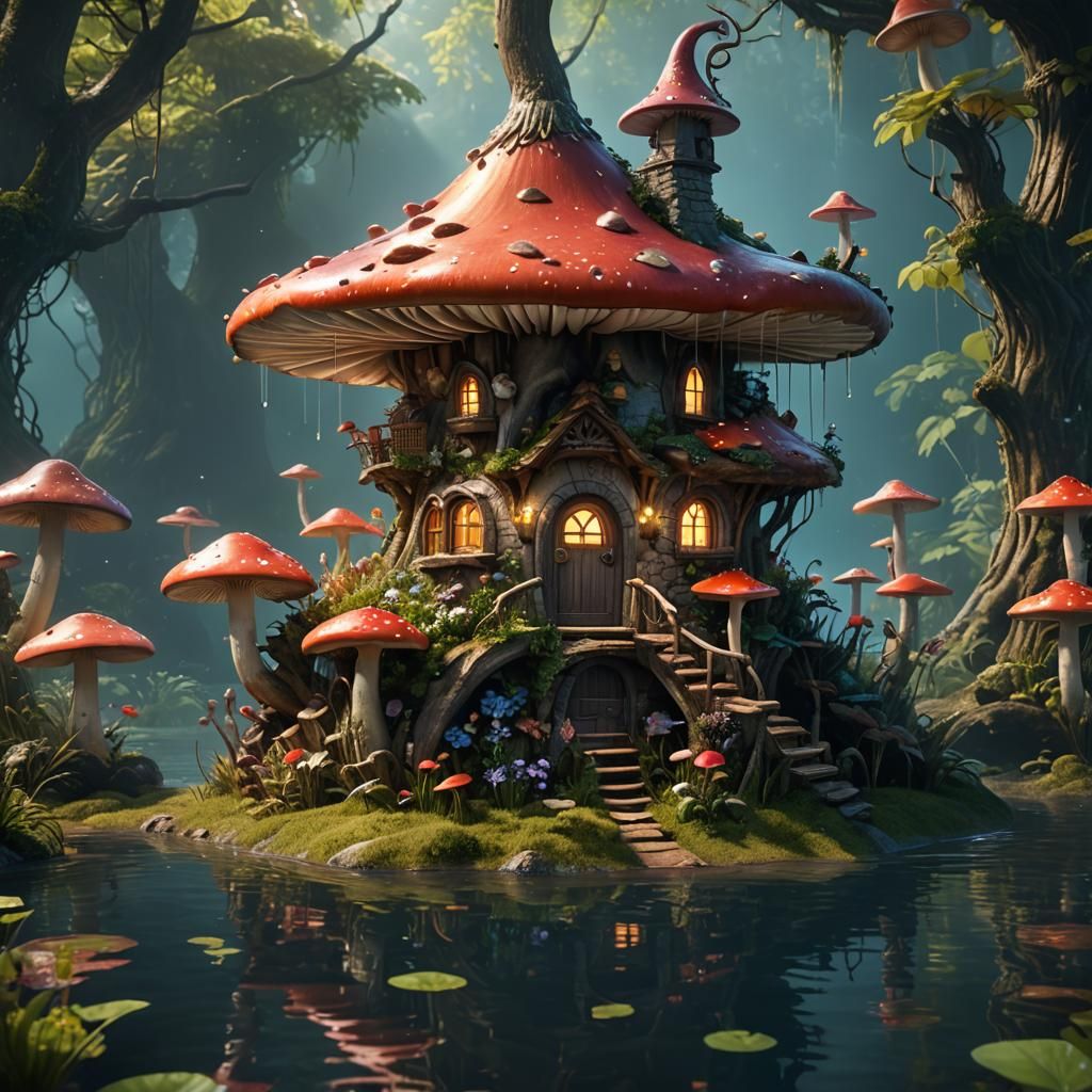 Fairy Mushroom House on Water: Fantasy Concept Art