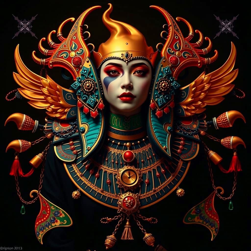 Harlequin Geisha Tutankhamun Full Body Photorealistic