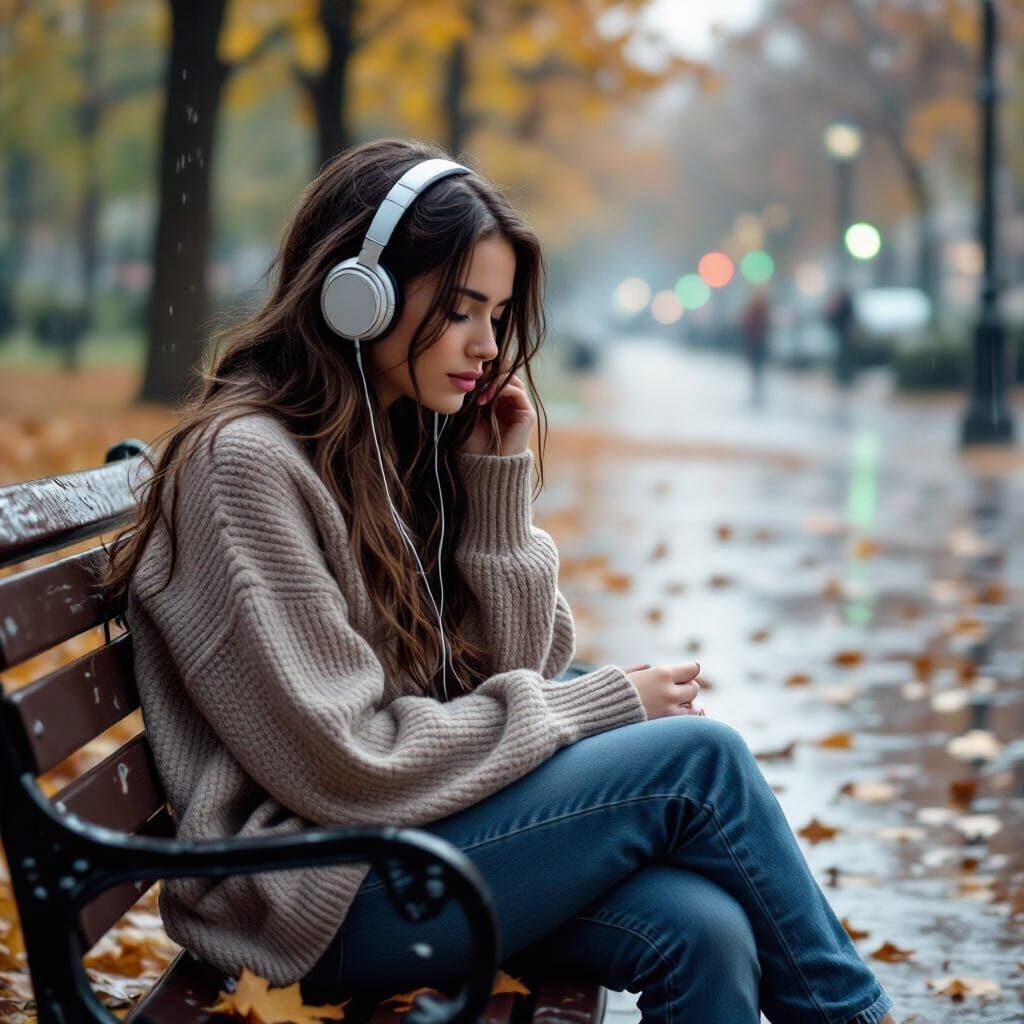 Melancholic Woman Listening to Music in Rain
