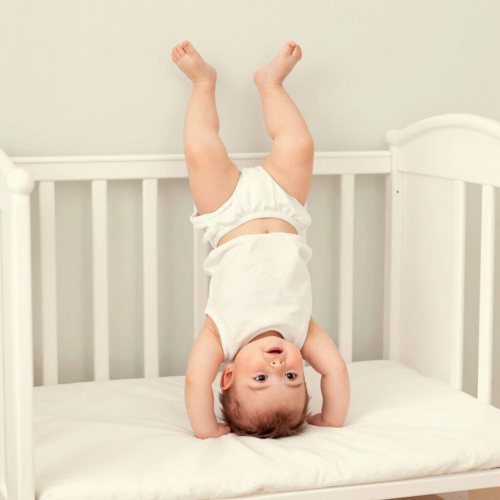 Baby's Headstand Adventure in Crib, Whimsical Illustration S...