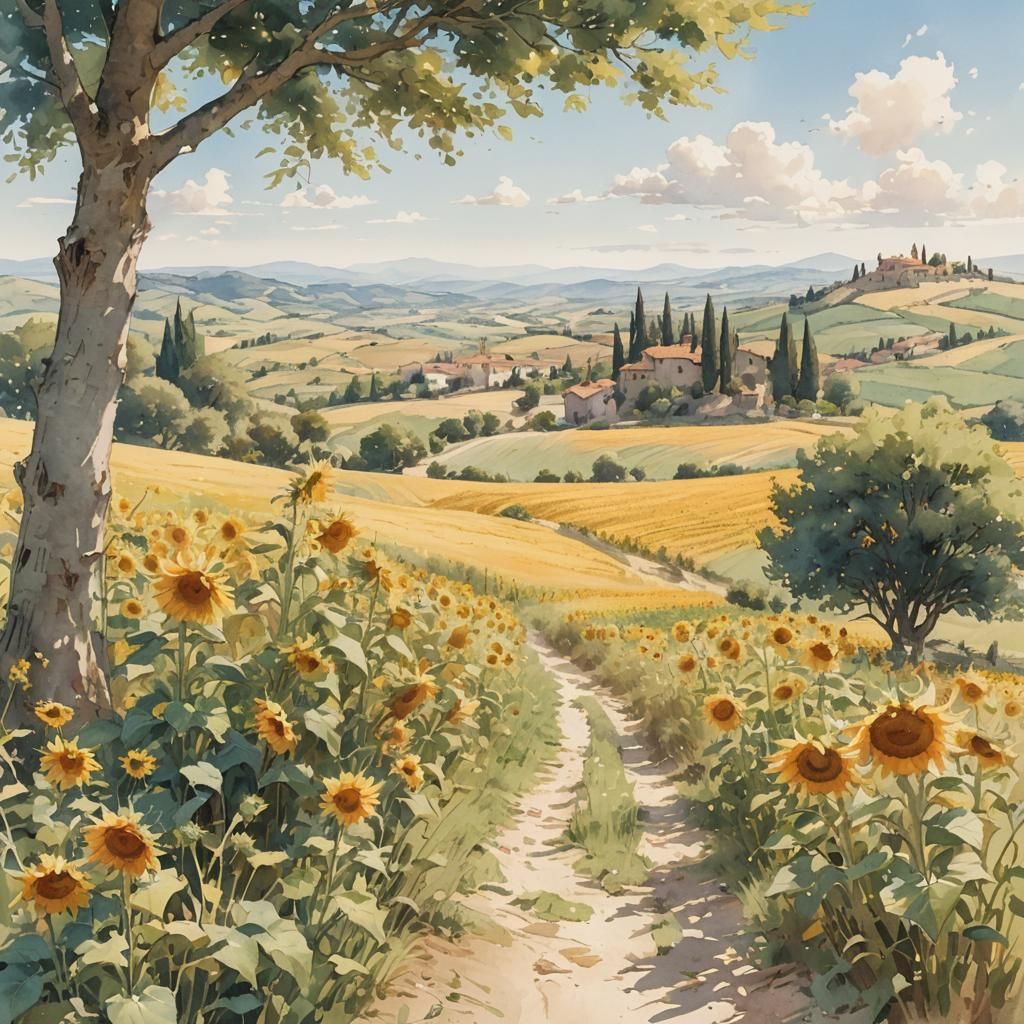 Tuscan Sunflower Fields: Watercolor Concept Art