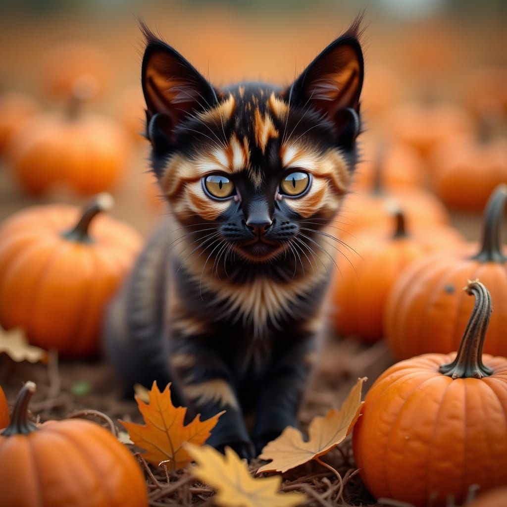 Tortoiseshell Kitten Amidst Autumn Hues in a Pumpkin Patch