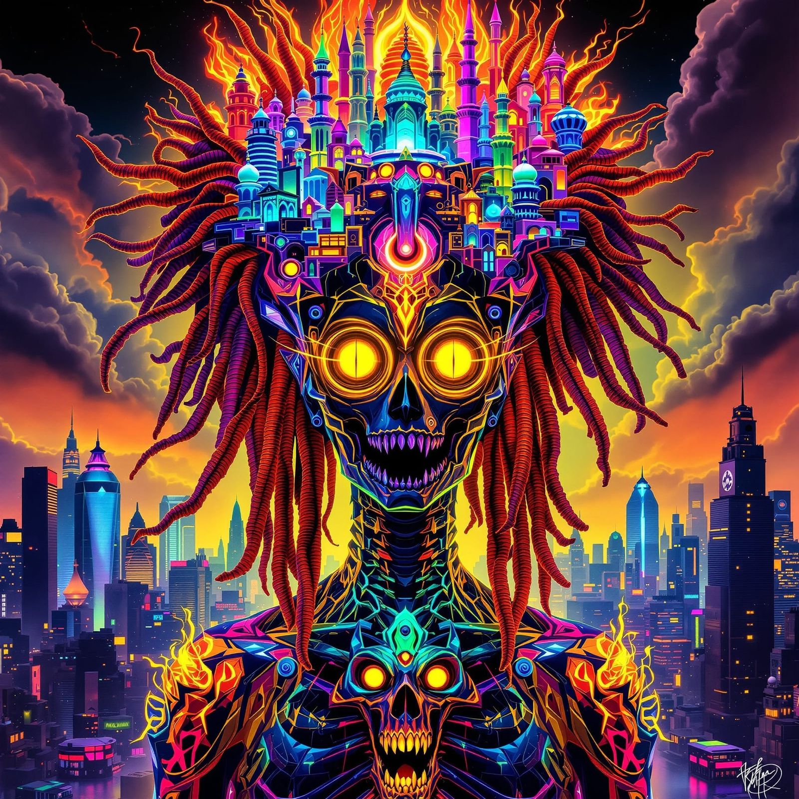 Cosmic Goddess with Metropolis Crown in Psychedelic Style