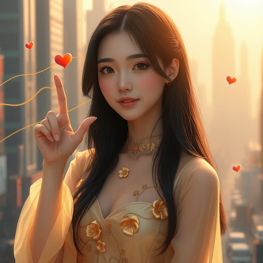 Beautiful Japanese Woman with Floating Heart, Fantasy Art