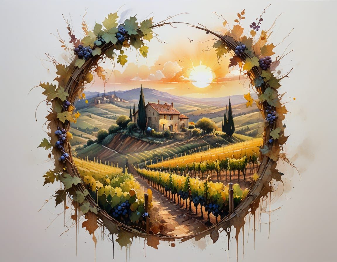 Tuscan Vineyard at Sunset in Watercolour Style