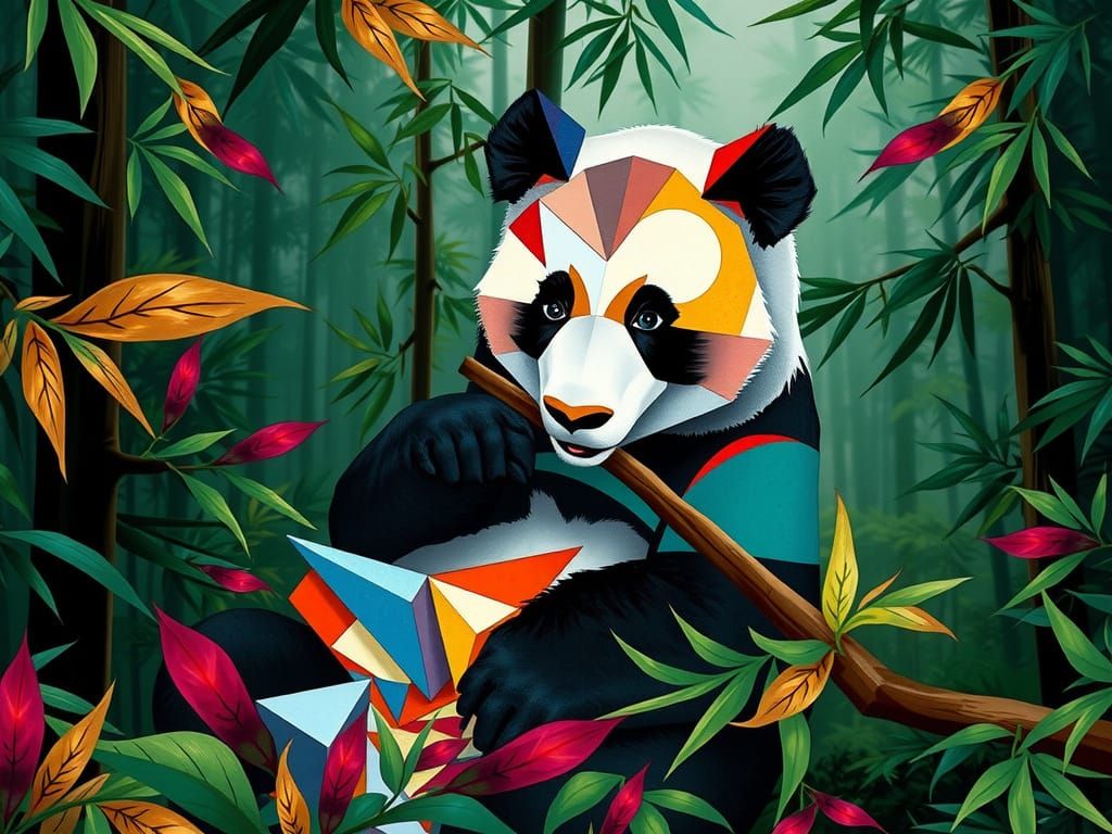 Surrealist Panda Emerges from Lush Jungle in Geometric Splen...