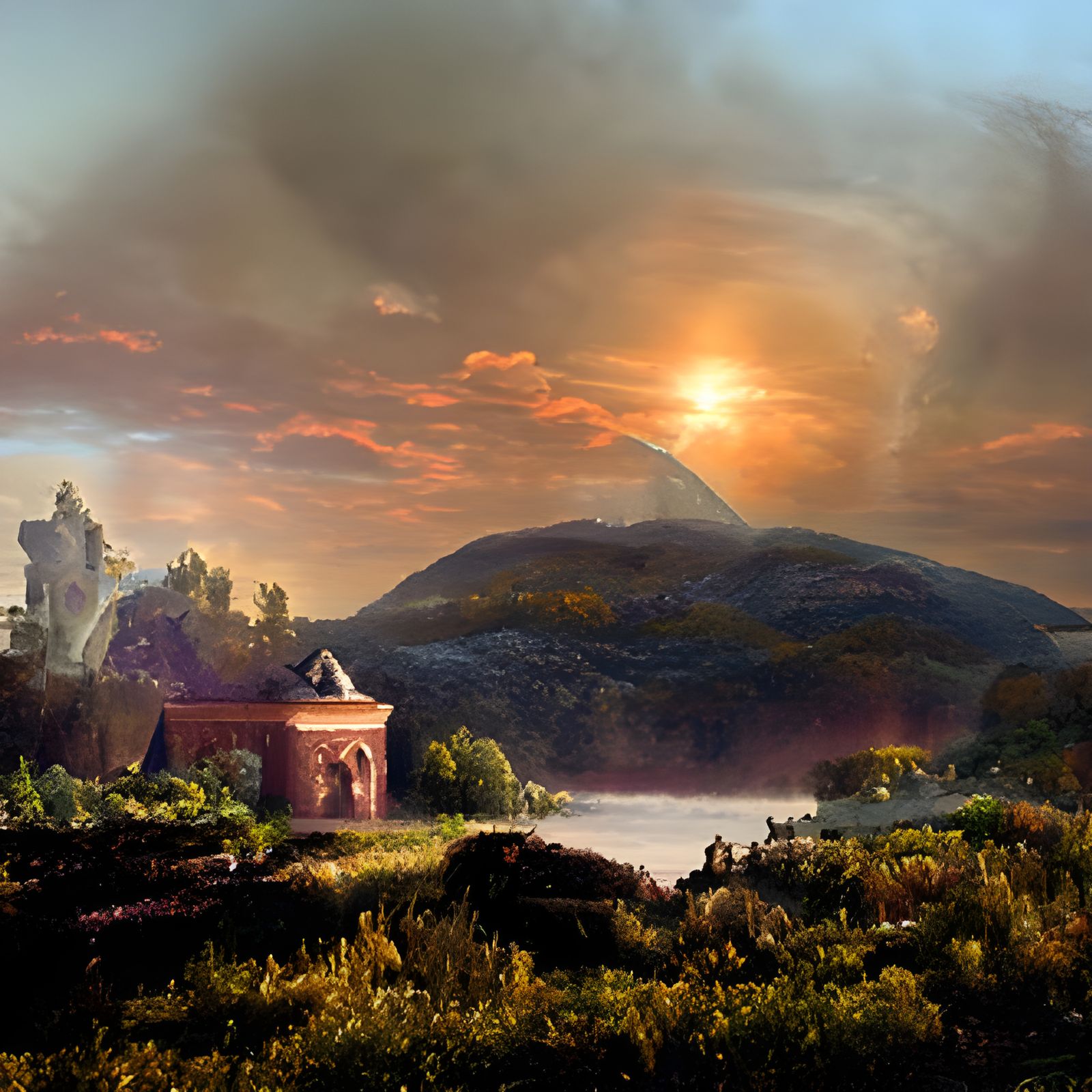 Hudson Valley Mountain Scene in Romantic Style