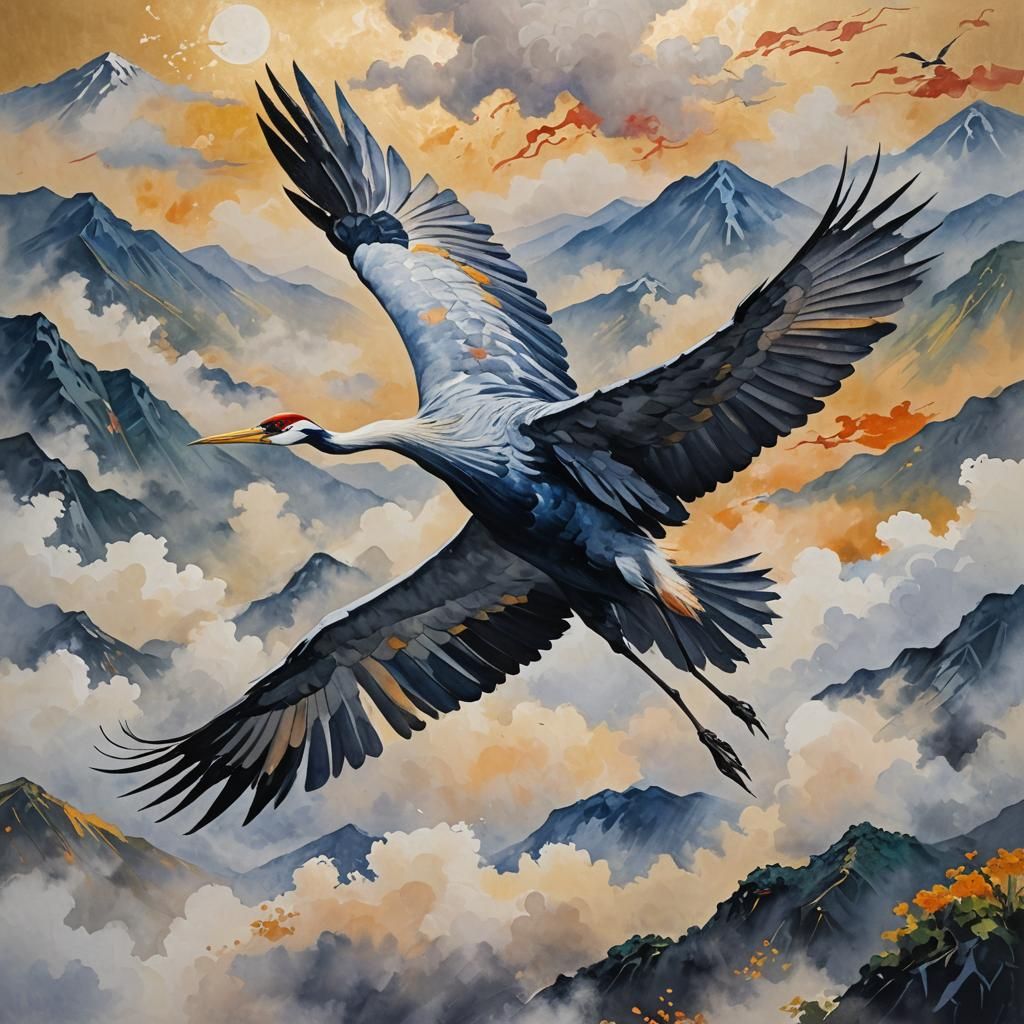 Crane in Flight: Impressionist Gouache and Watercolor