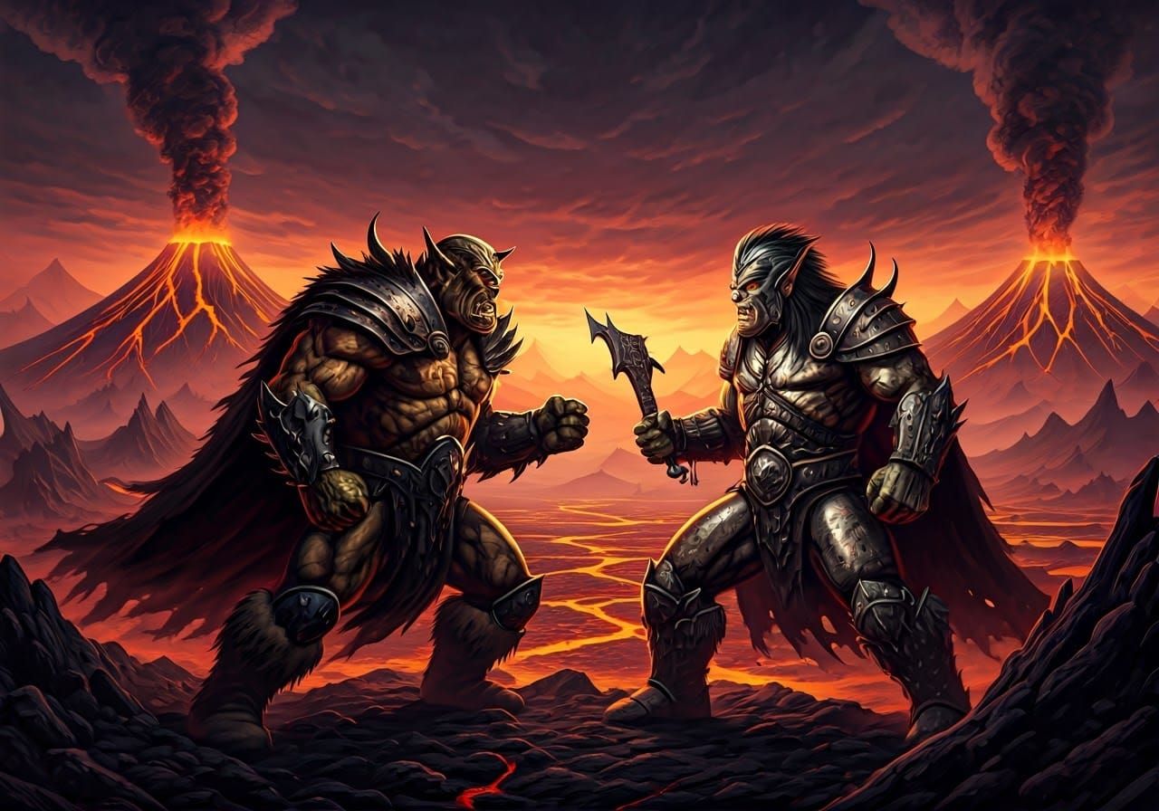 Orc Duel in Volcanic Wasteland, Dark Fantasy Art