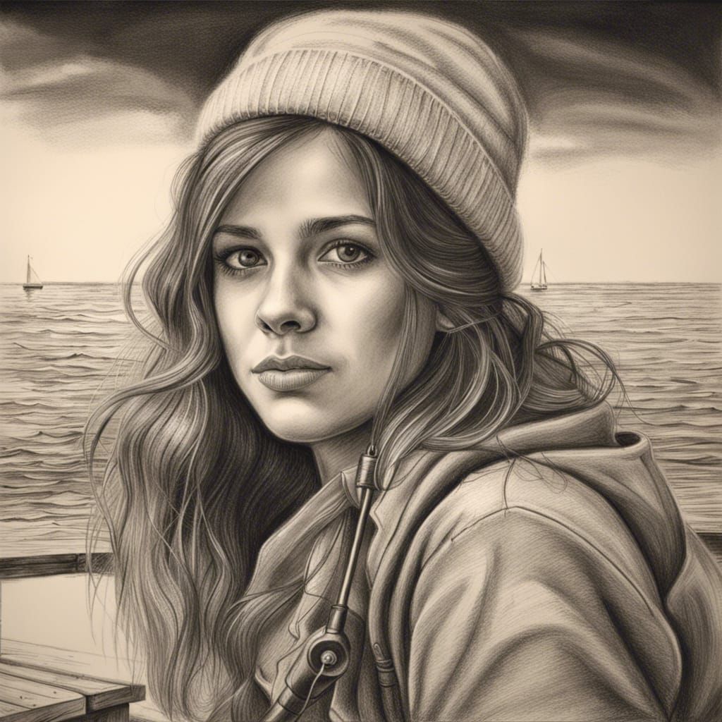 Charcoal Portrait of a Young Lady Fishing