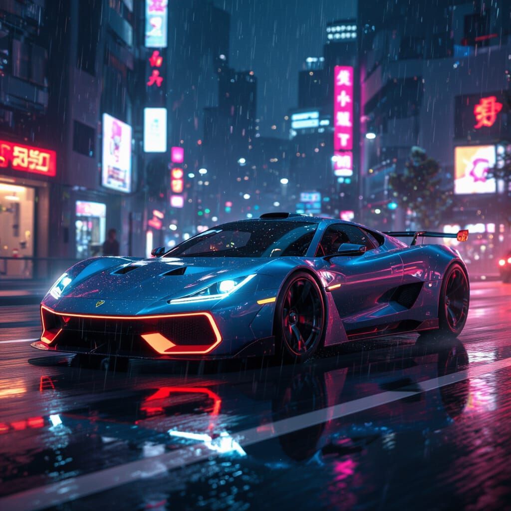 Futuristic Sports Car on Neon City Street at Night