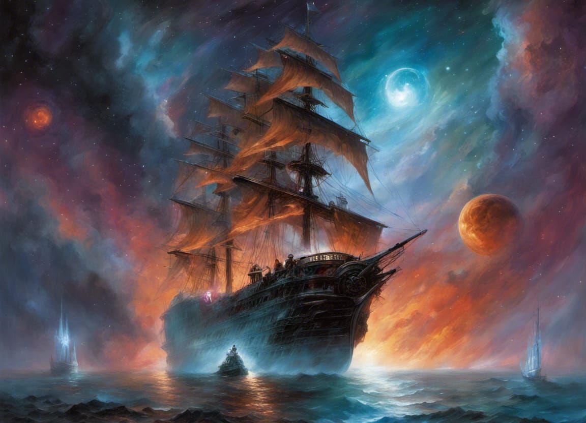 Space Pirate Ghost Ship Sailing a Nebula