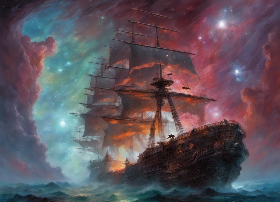 Ethereal Space Pirate Ship Nebula Painting