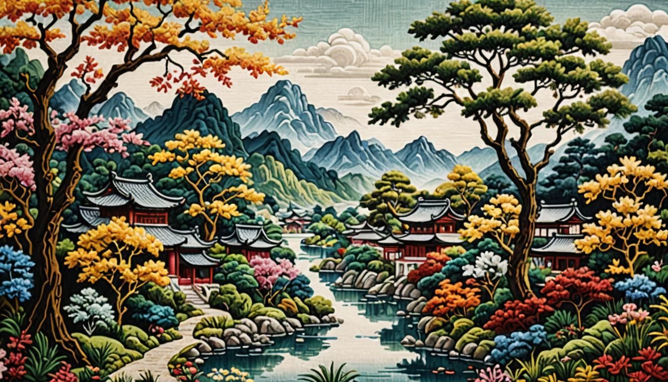 Detailed Embroidered Tapestry of Asian Landscape