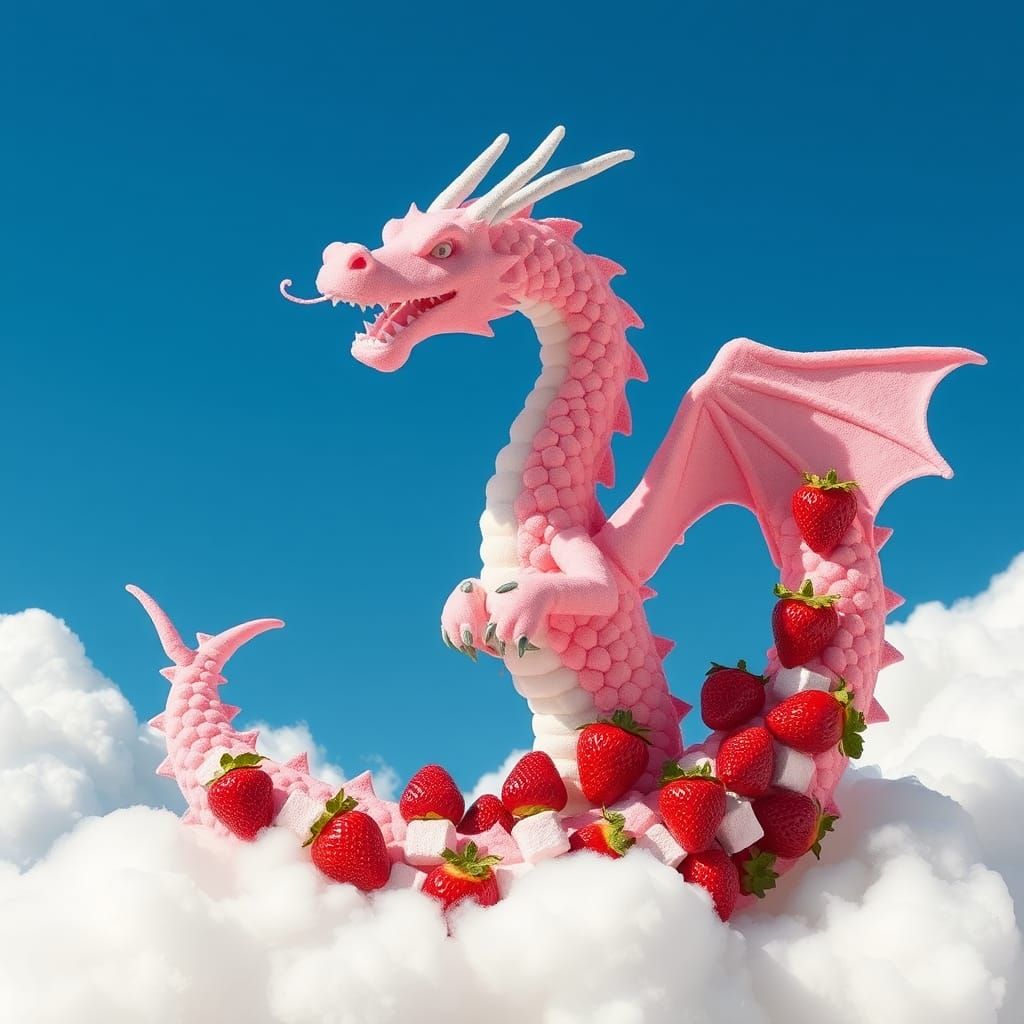 Marshmallow Dragon with Strawberries in Pink Light