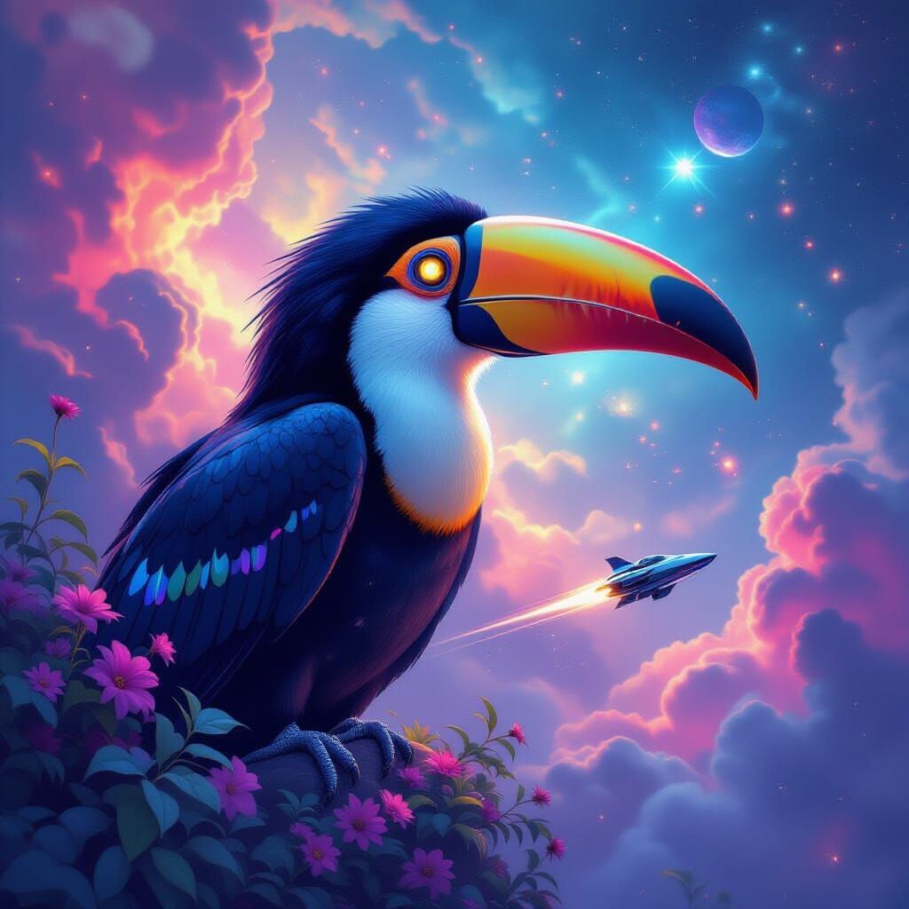 Iridescent Space Toucan Drifting Through Nebula
