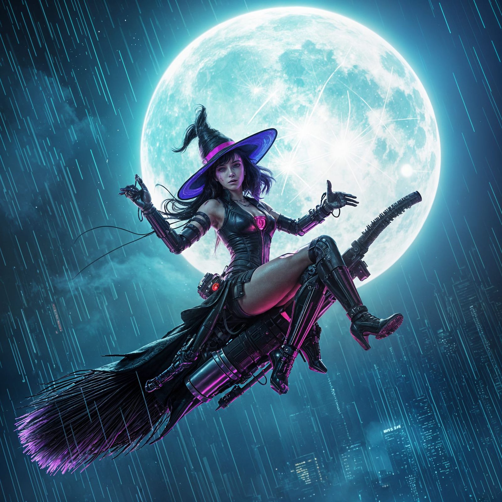 Cyberpunk Witch Flying Through Neon Cityscape