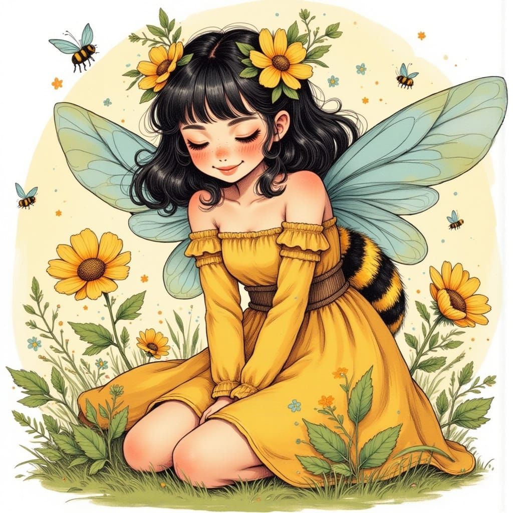 Sleeping Bumblebee Fairy: Cute Adorable AI Art