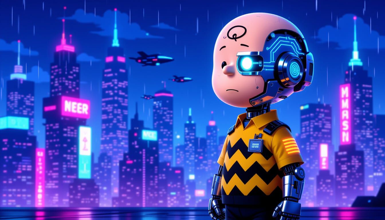 Cyborg Charlie Brown in Cyberpunk Metropolis