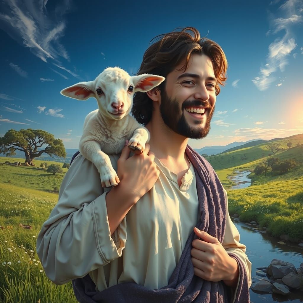 Jesus in a Sunlit Meadow with a Lamb