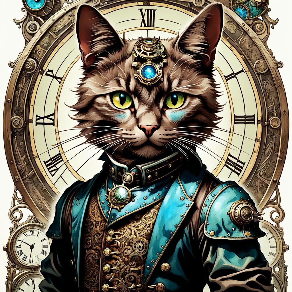 Clockwork Feline in Whimsical Steampunk Dreamscape