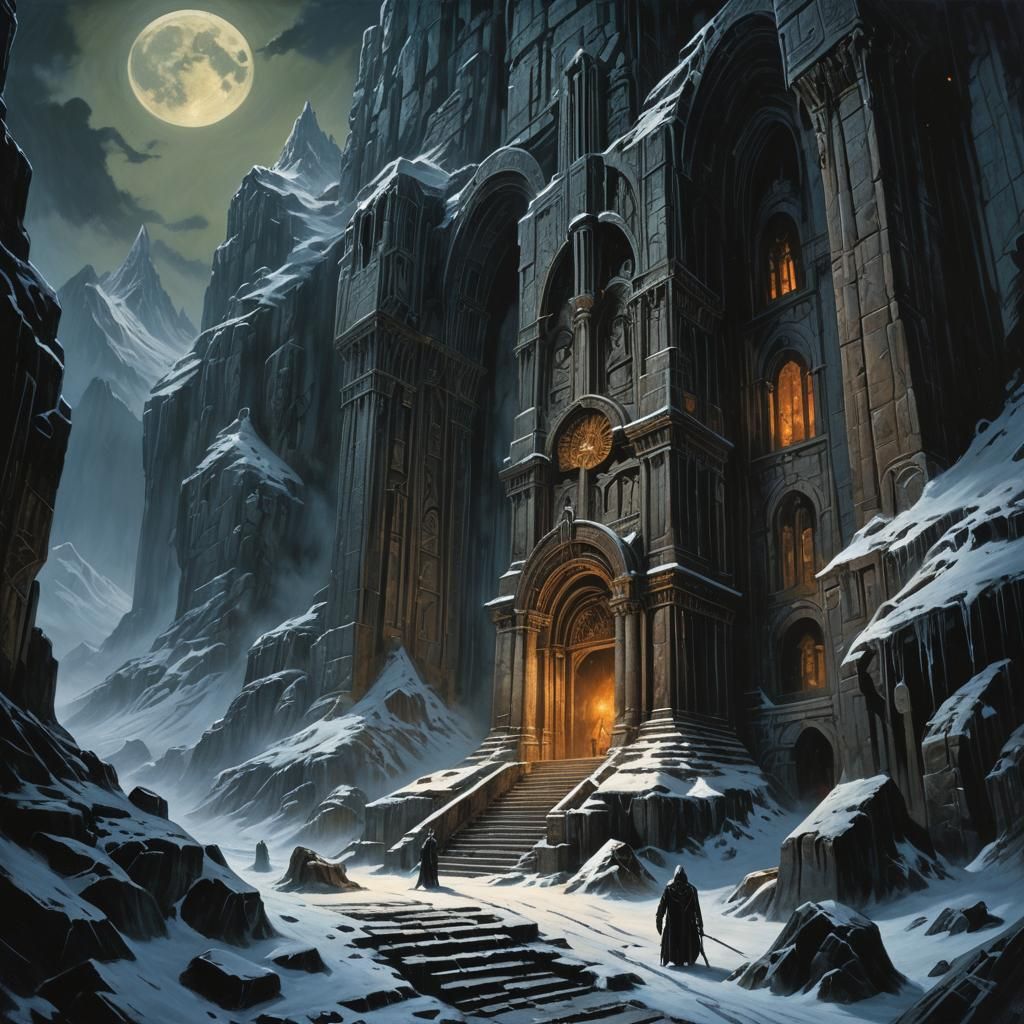 Ominous Crypt at Mountain Peak in Dark Fantasy Style