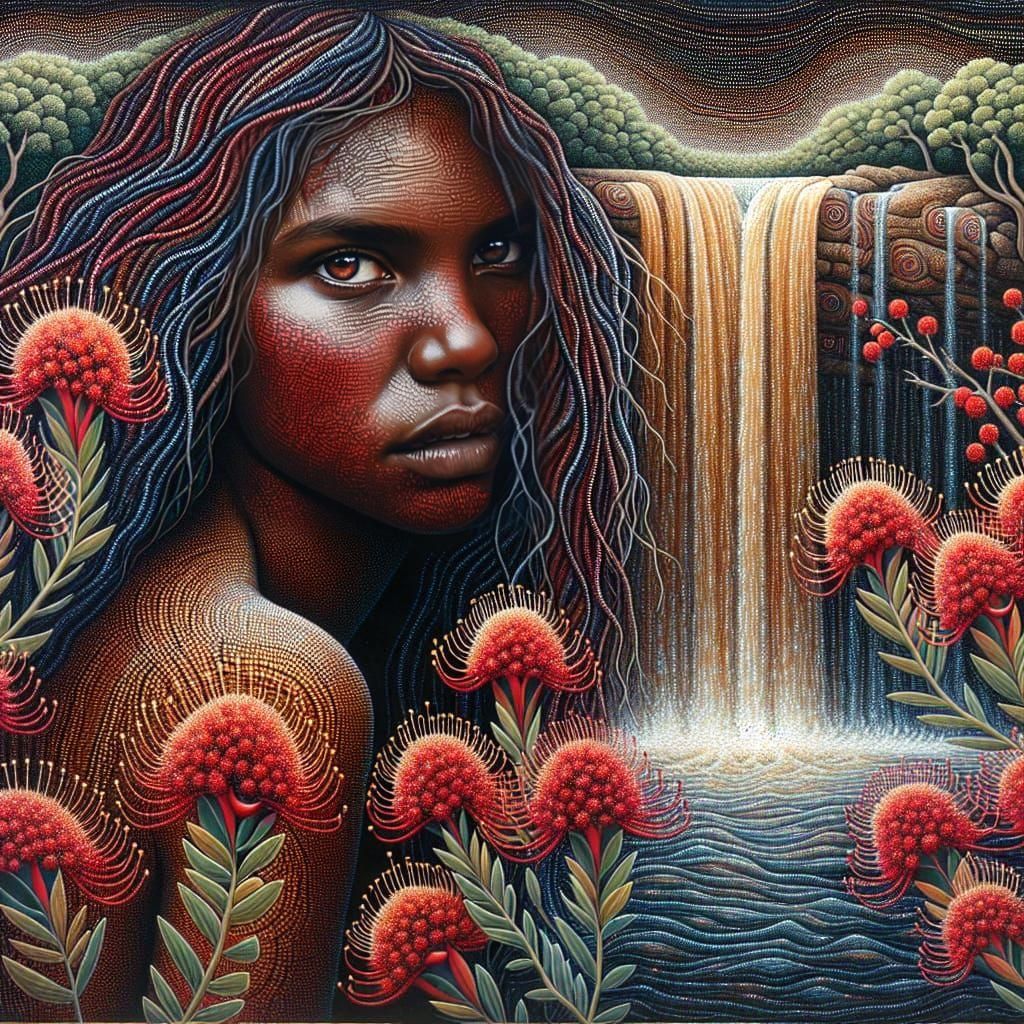 Aboriginal Woman with Waratah Flowers Oil Painting