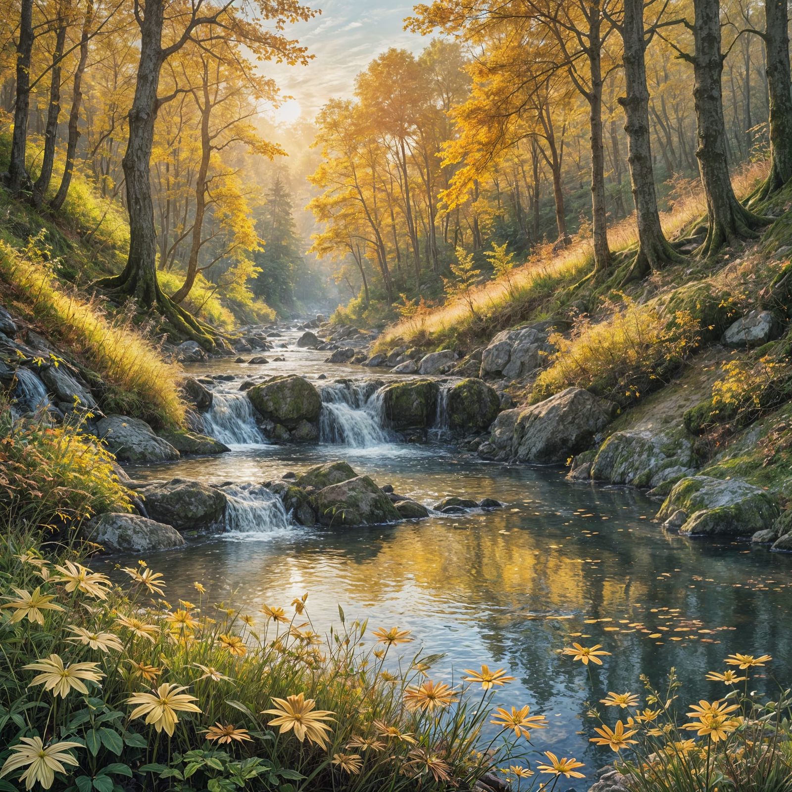 Autumn Sunrise Over a Peaceful Lake in a Vibrant Watercolor....