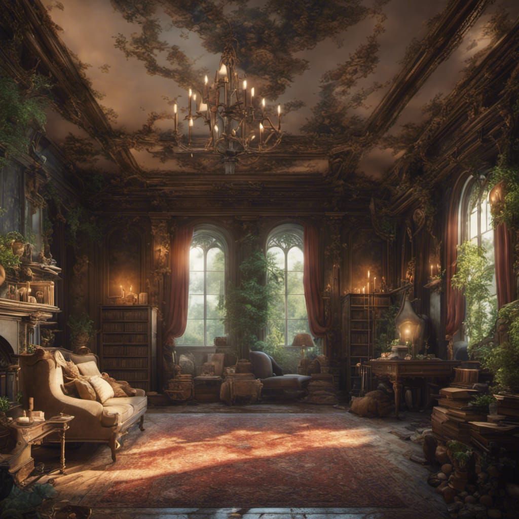 Nature-Themed Castle Library: Detailed Matte Painting