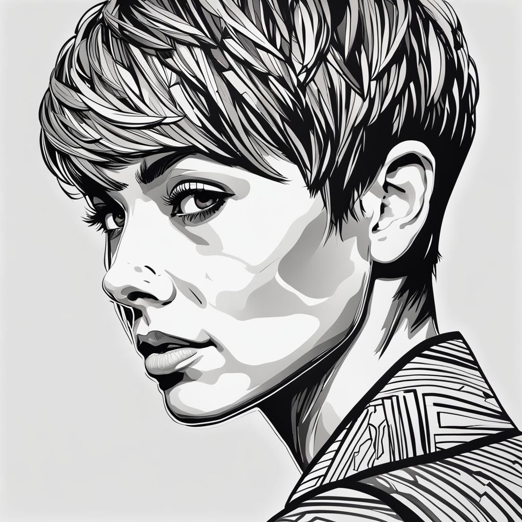 Woman with Pixie Cut Line Drawing Clip Art