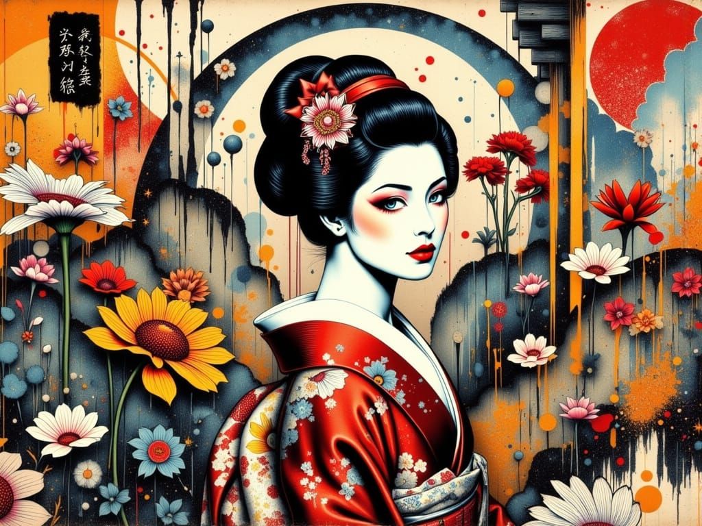 Mid-Century Pop Art Geisha in Zen Garden