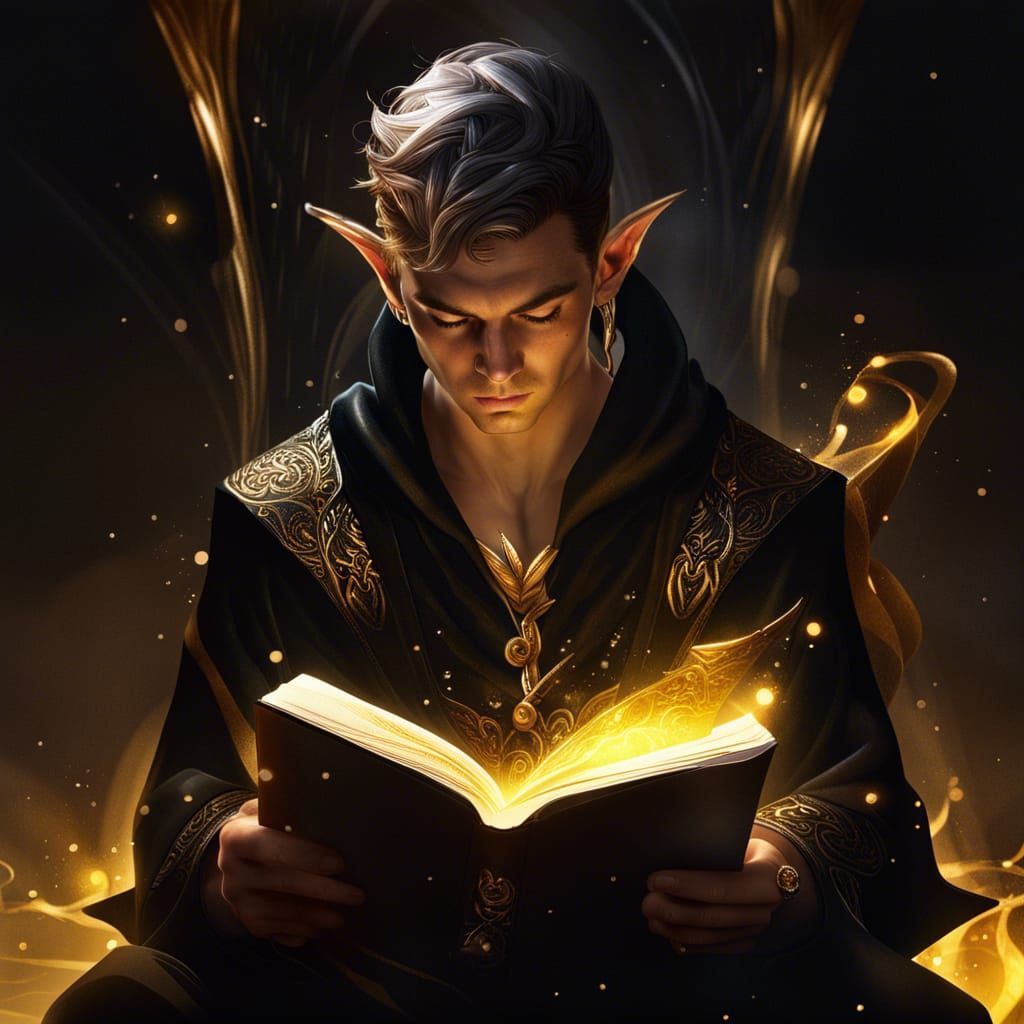Attractive Elf Wizard Reading Magic Book