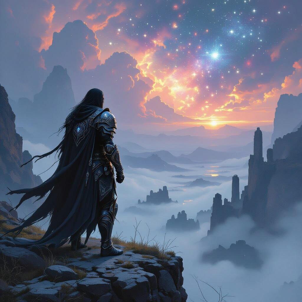 Warrior in Obsidian Armor Overlooks Misty Valley