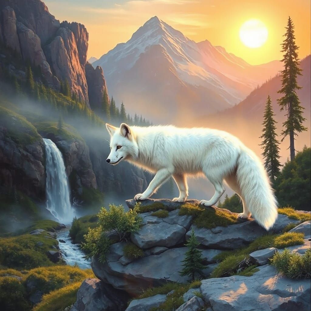 Snowy Arctic Fox in Moonlit Tundra Landscape