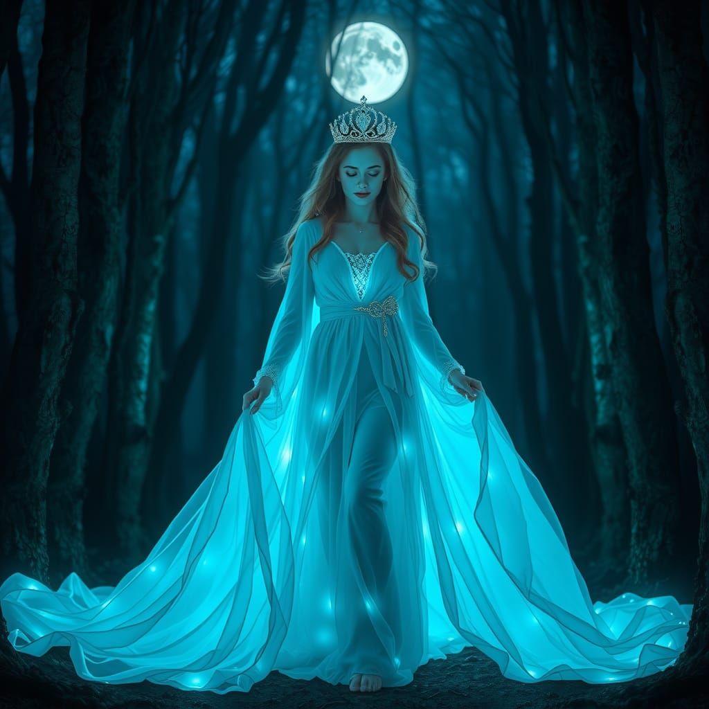 Princess in Bioluminescent Cyan Robes in Moonlit Forest