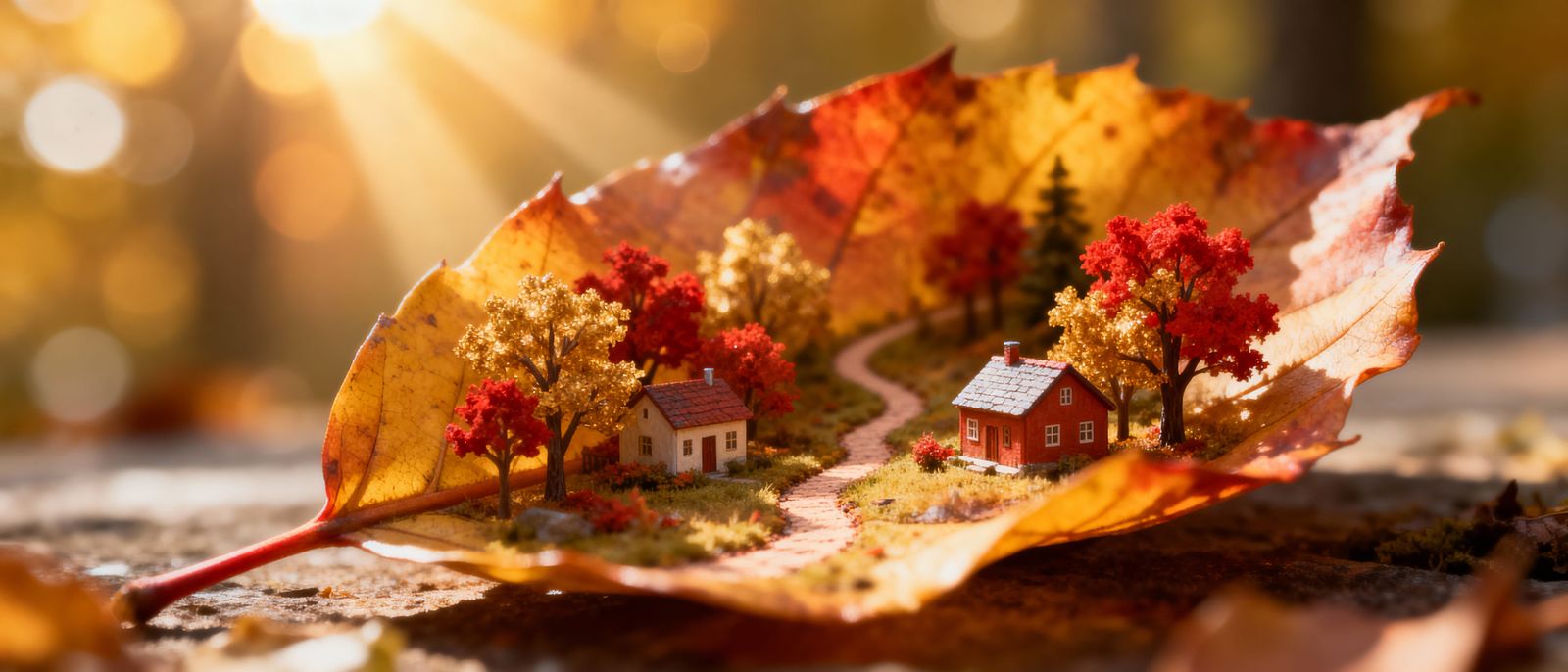 Miniature Autumn World Inside Vibrant Leaf