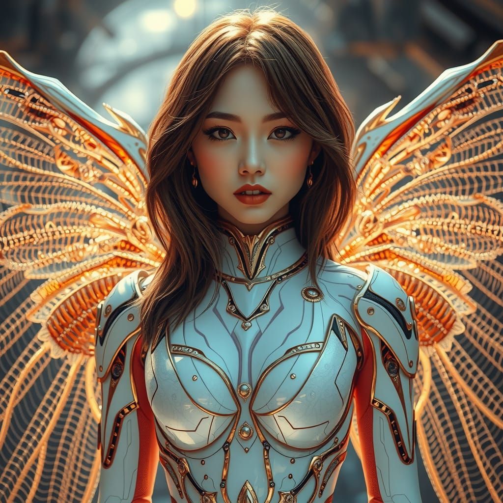 Futuristic Cyborg with Golden Wings, Digital Art
