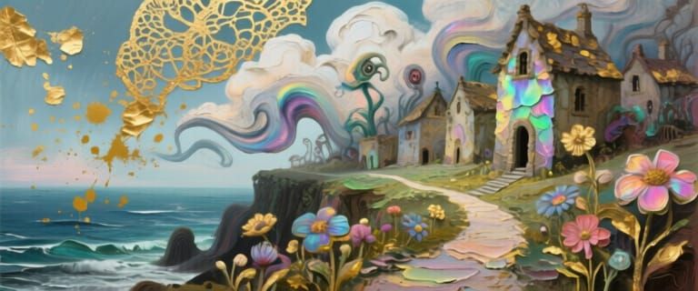 Dreamlike Village: A Surreal Mixed Media Masterpiece