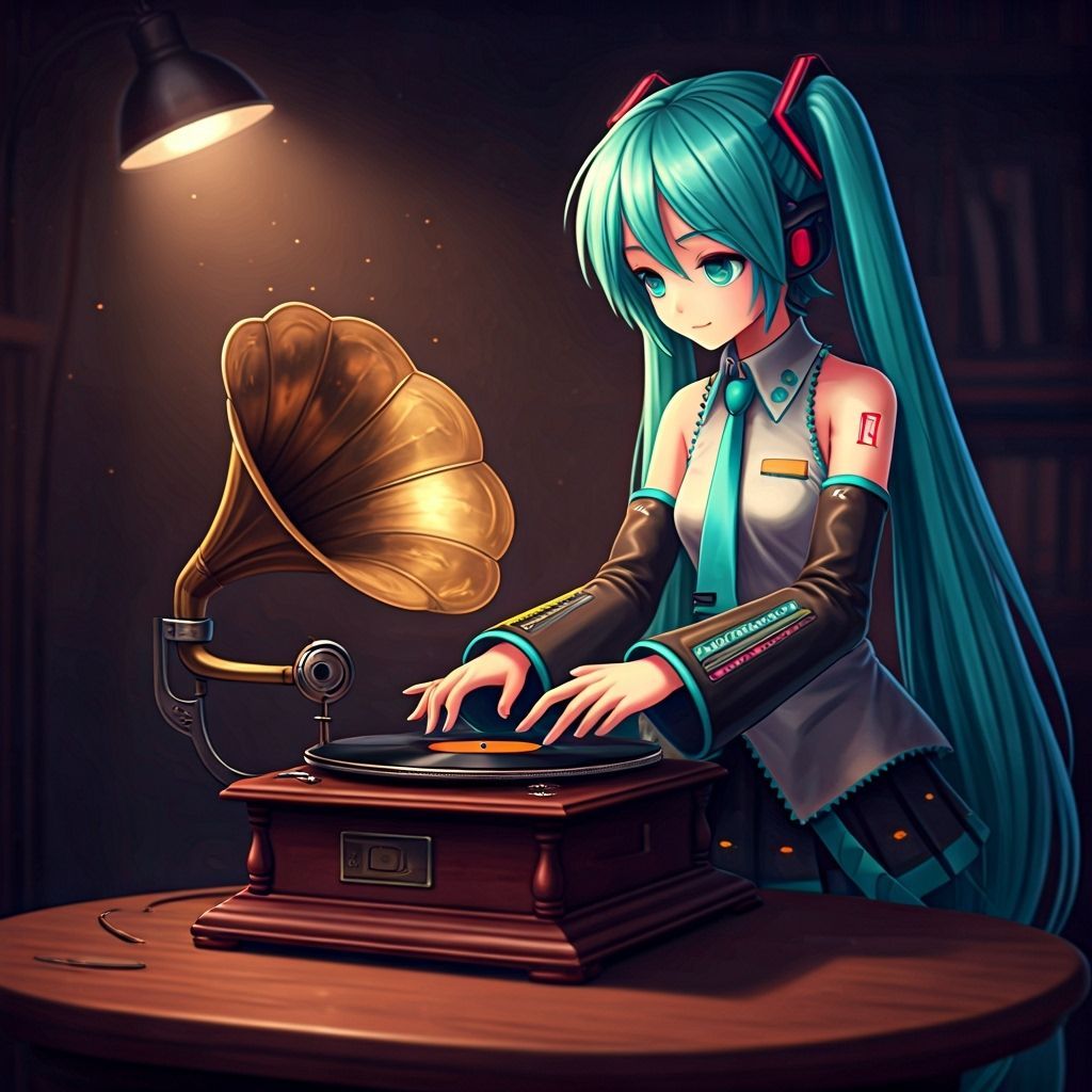 Hatsune Miku DJs Vintage Gramophone in Hyperrealistic Art