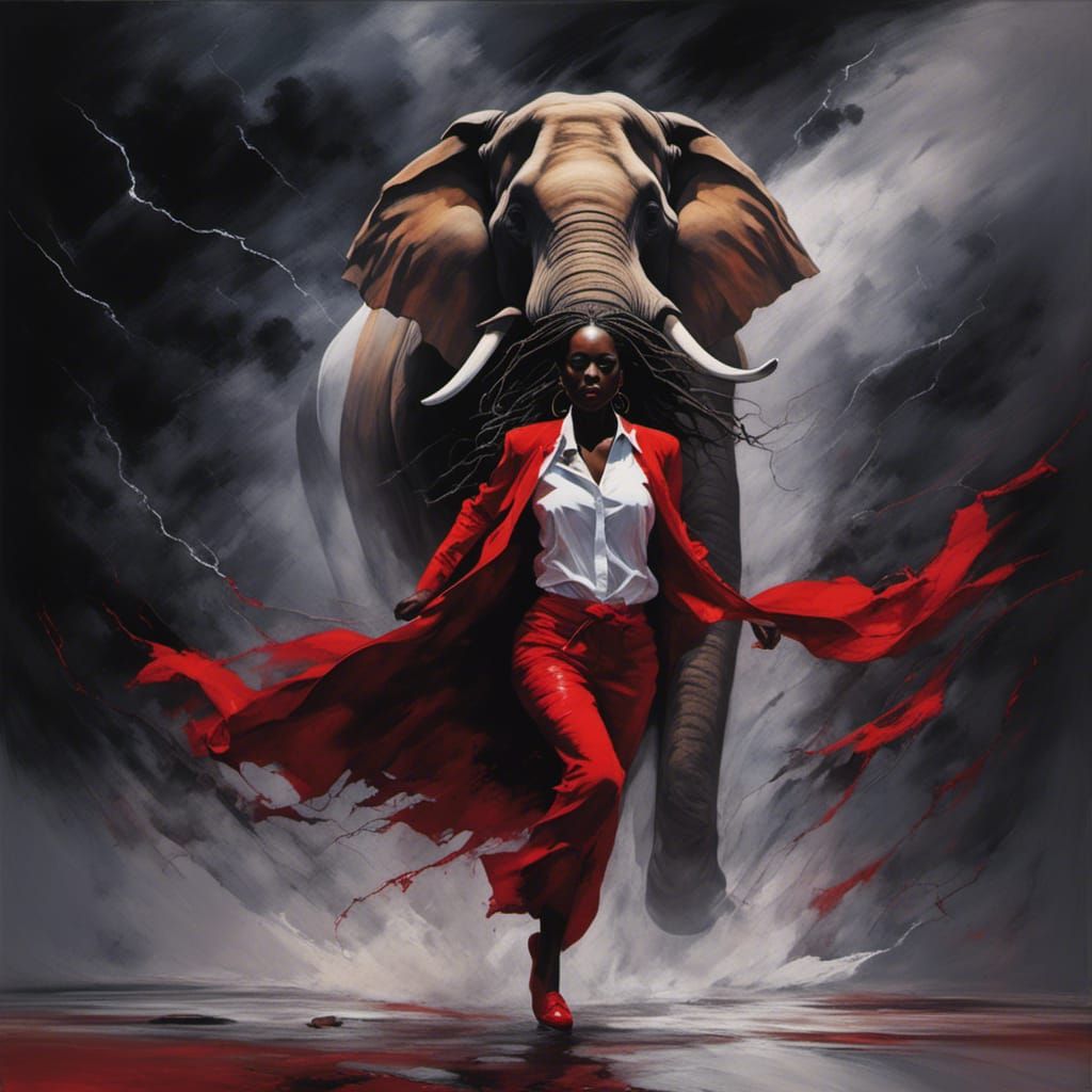 Powerful Woman Emerges from Storm with Elephant