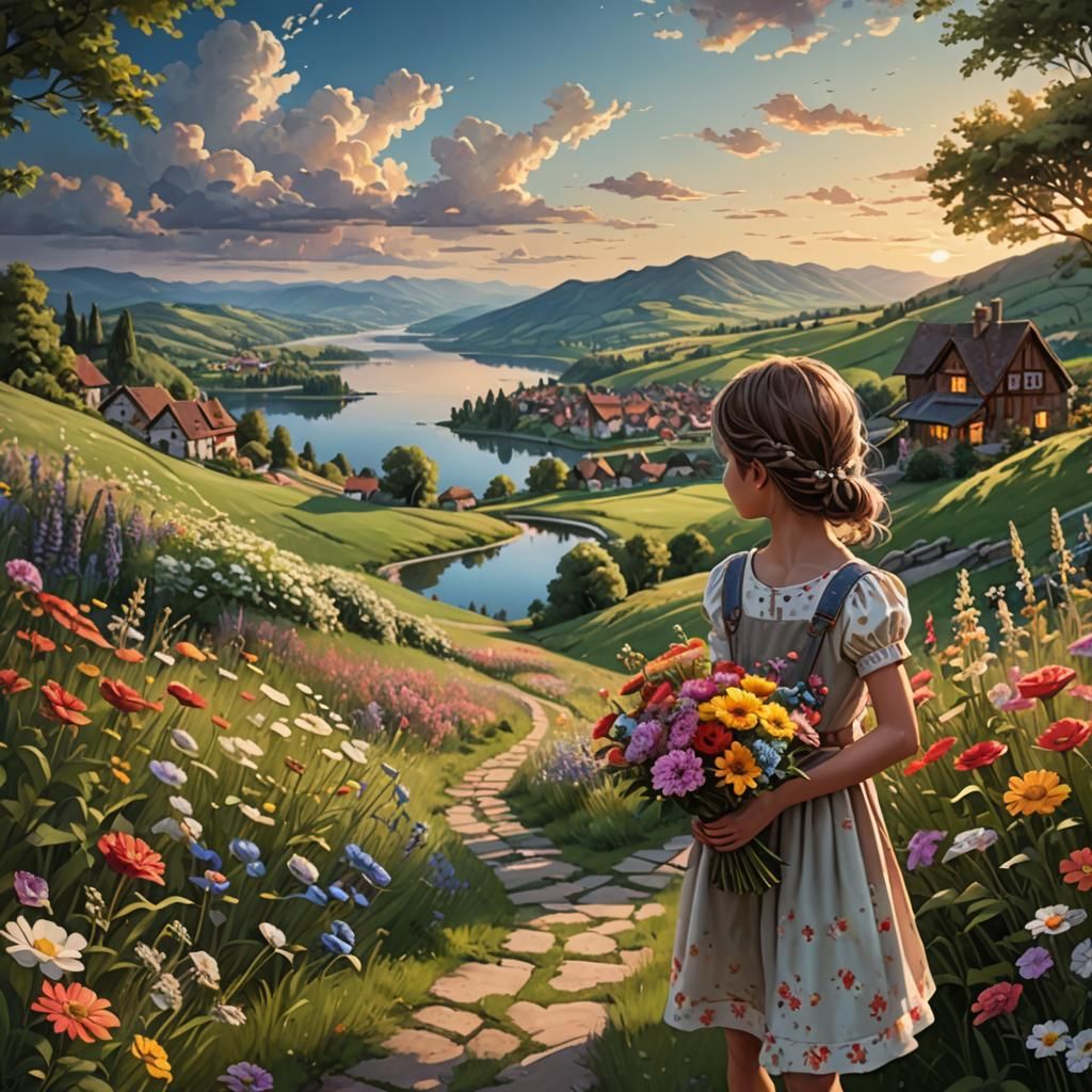 Hyperrealistic Flower Meadow Path with Girls