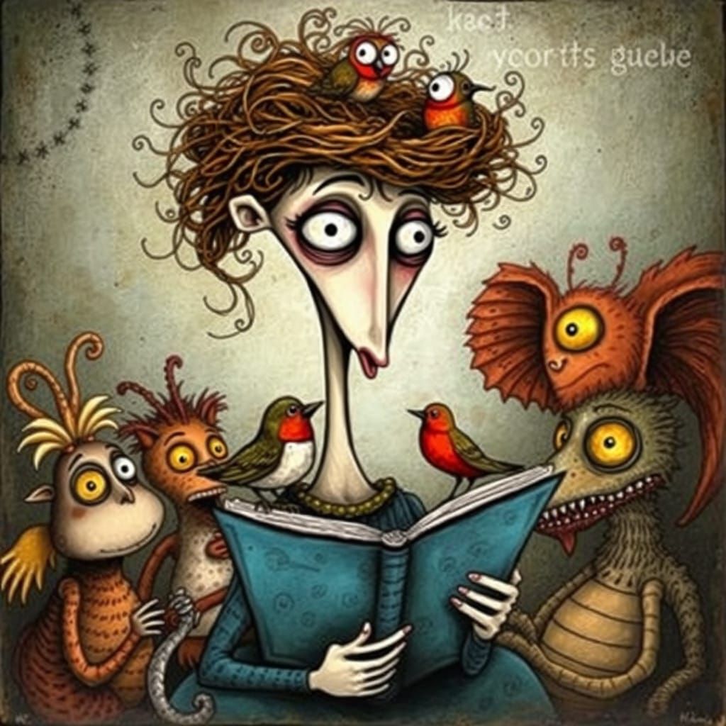 Whimsical Woman Reads to Fantastical Creatures in Mixed Medi...