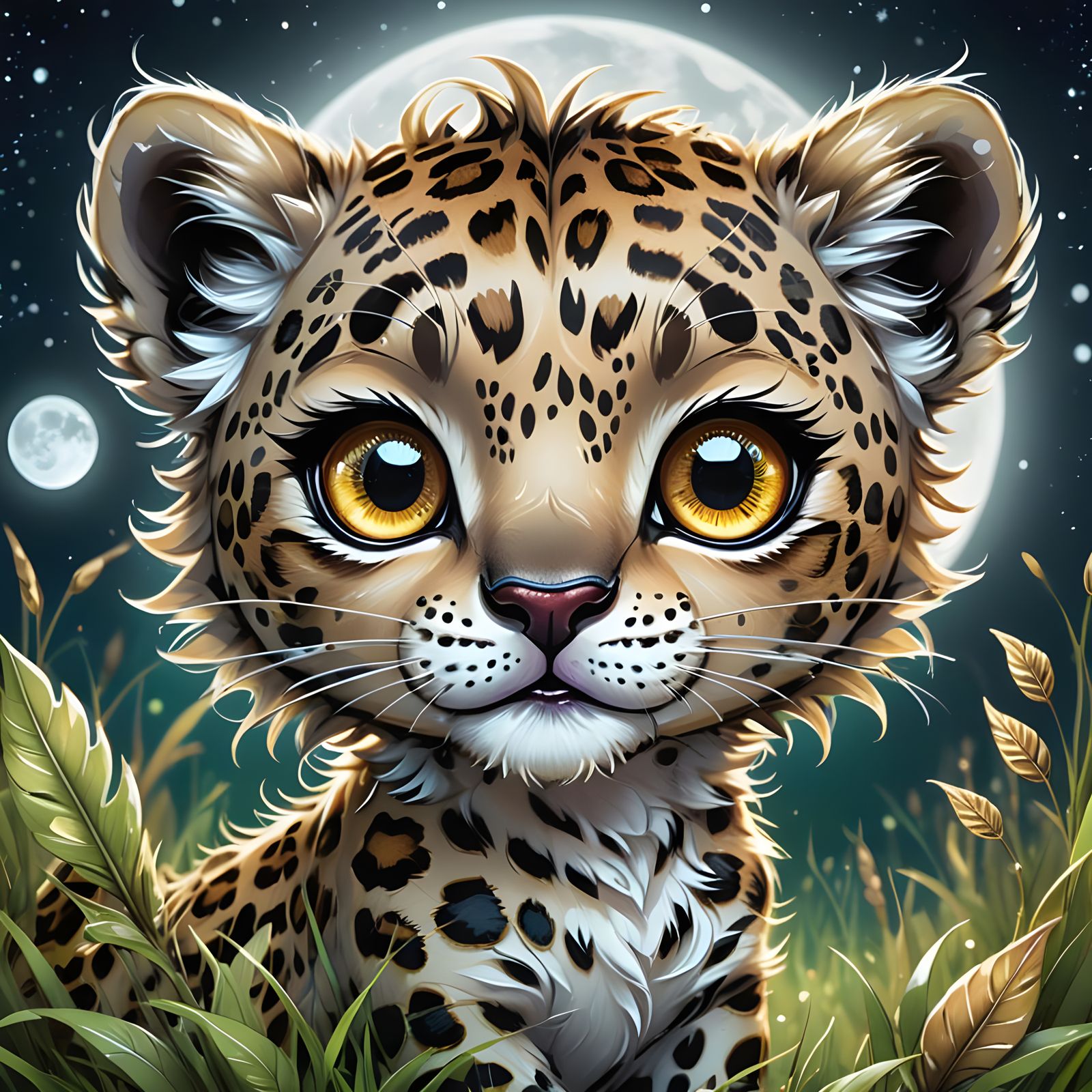 Whimsical Chibi Leopard in Dark Fantasy Dreamscape