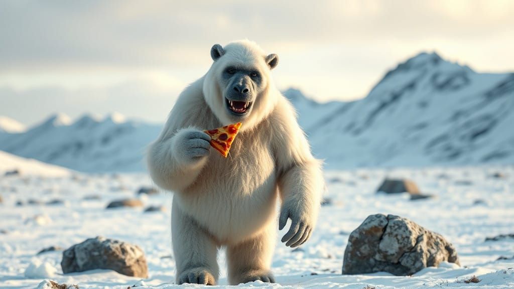 Surreal Yeti Scene: Hippy-Dippy Snow White Yeti Savoring Piz...