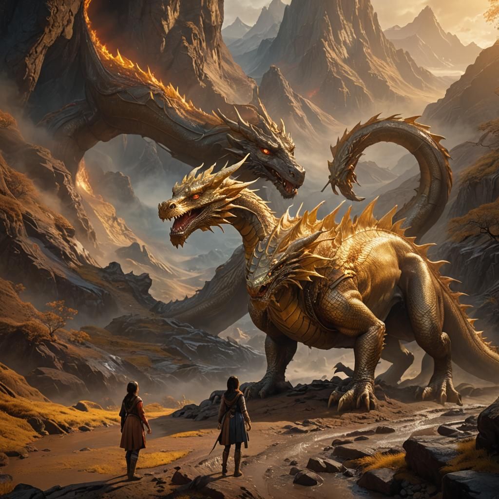 Girl Pets Golden Dragon in Mountain Valley