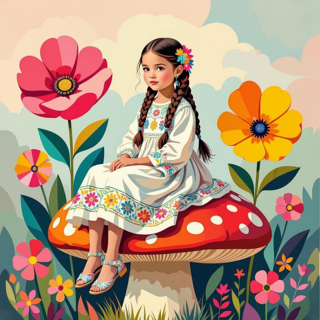 Girl on Ornate Mushroom in Picasso & Dalí Style