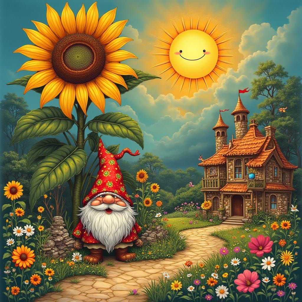 Whimsical Gnome Village in Sunflower, Vintage Illustration